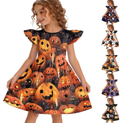 Mädchen Halloween Kleid Flatterärmel Kleid mit Kürbis Geist Kerze Aufdruck Gespleißtes Design Kinder Partykleid Kleinkind Kostümkleid