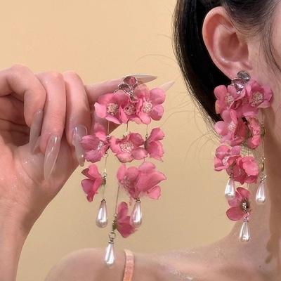 Pink Flower Pearl Water Drop Fringed Earrings Sweet Stud Earrings Fashion Temperament Vacation Style Earrings Women