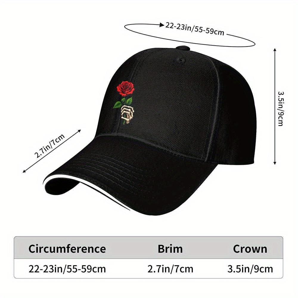 Skeleton Hand Holding Red Rose Baseball Cap Unisex Adjustable Polyester Casual Headwear