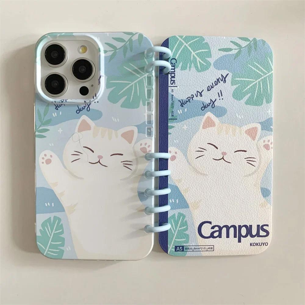 Чехол-книжка в стиле милого кота в виде спирального блокнота для iPhone 16 Pro Max 15 14 13, держатель для слота для подставки, противоударный чехол из искусственной кожи For iPhone 13