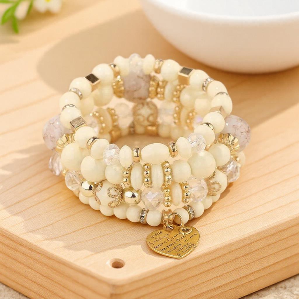 Boho Crystal Bead Bracelets for Women Elastic Heart Letter Bangles Wristband Yoga Jewelry Gift Set 4Pcs