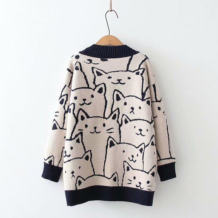 Women's Plus Size V-Neck Cat Jacquard Knit Cardigan - Preppy Autumn/Winter Cartoon Style