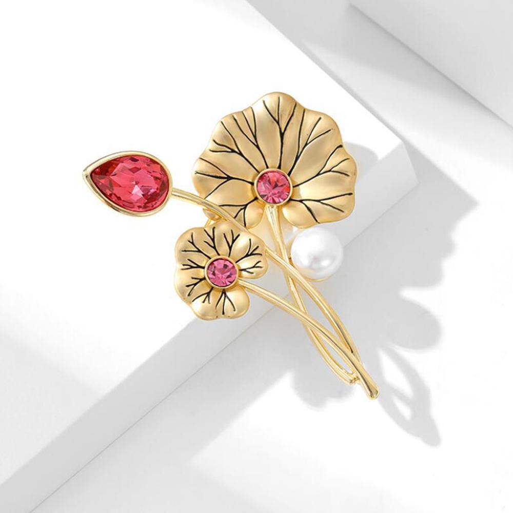 

Fashionable lotus leaf lotus enamel zircon brooch, anti-exposure pin for women, metal button to fix clothes, wedding party gift