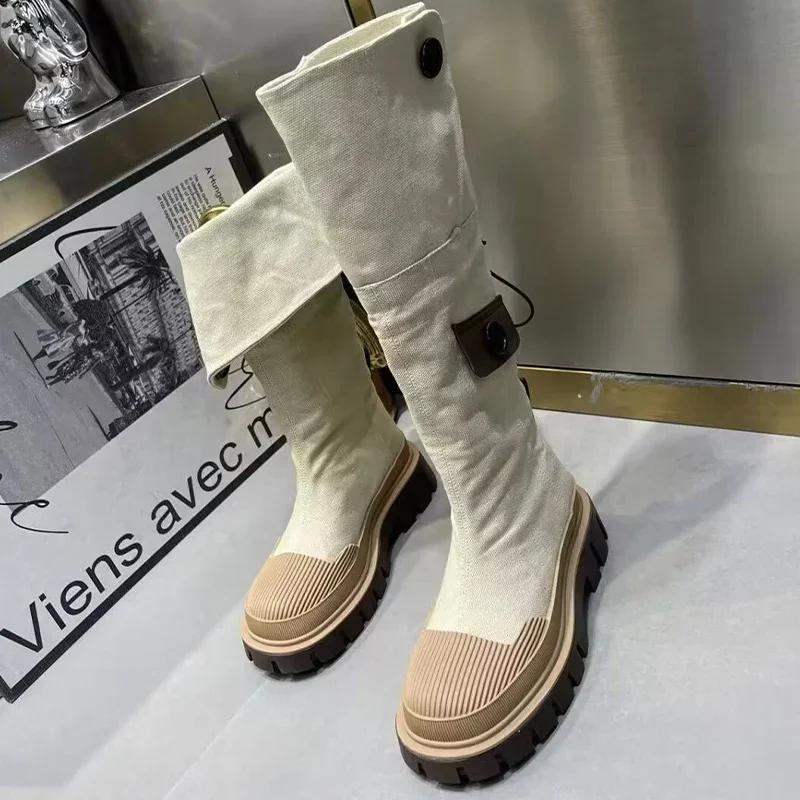 Women Flats Platform Denim Chelsea Boots Winter Shoes Designer New Knee High Motorcycle Boots Casual Goth Shoes Snow Botas Mujer