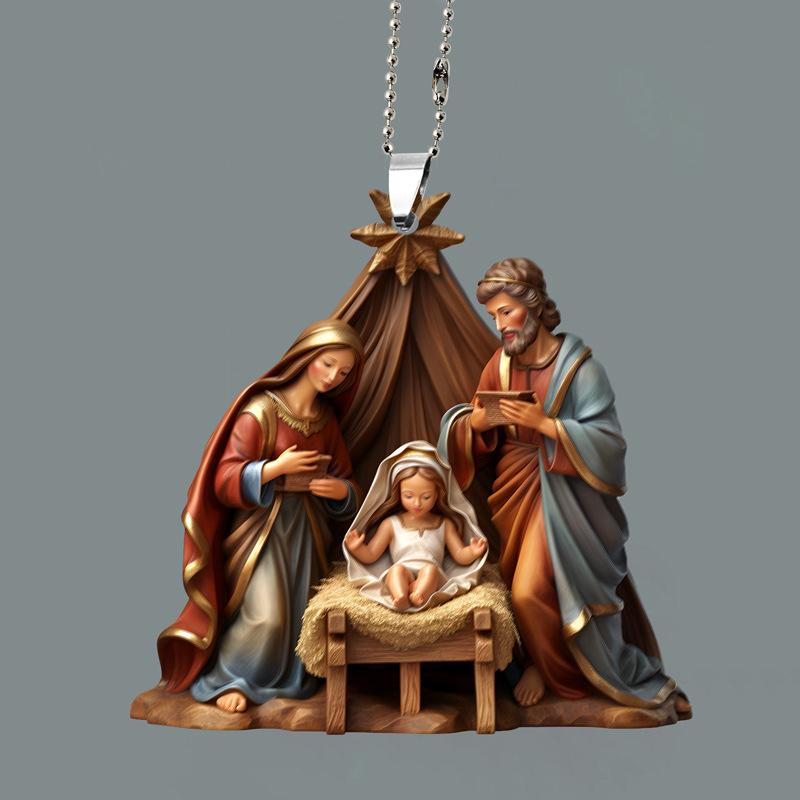 Christmas Tree Jesus Pendant Ornament Family Prayer Scene Pendant Bright Colored Car Decoration Pendant Home Decorations