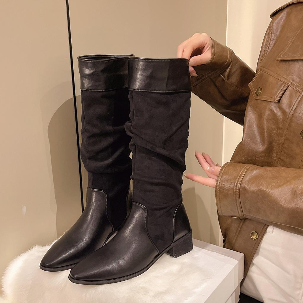 Huge good-looking retro long boots tall boots pleated stacking boots 2025 new pointed thin thick heel knight boots women