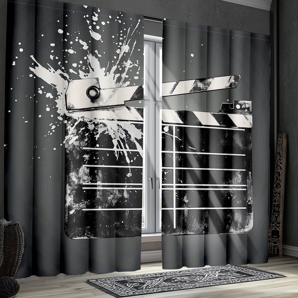 2pcs Grunge Movie Curtains   Clapper Board and Retro Film Backdrop for Window Drapes