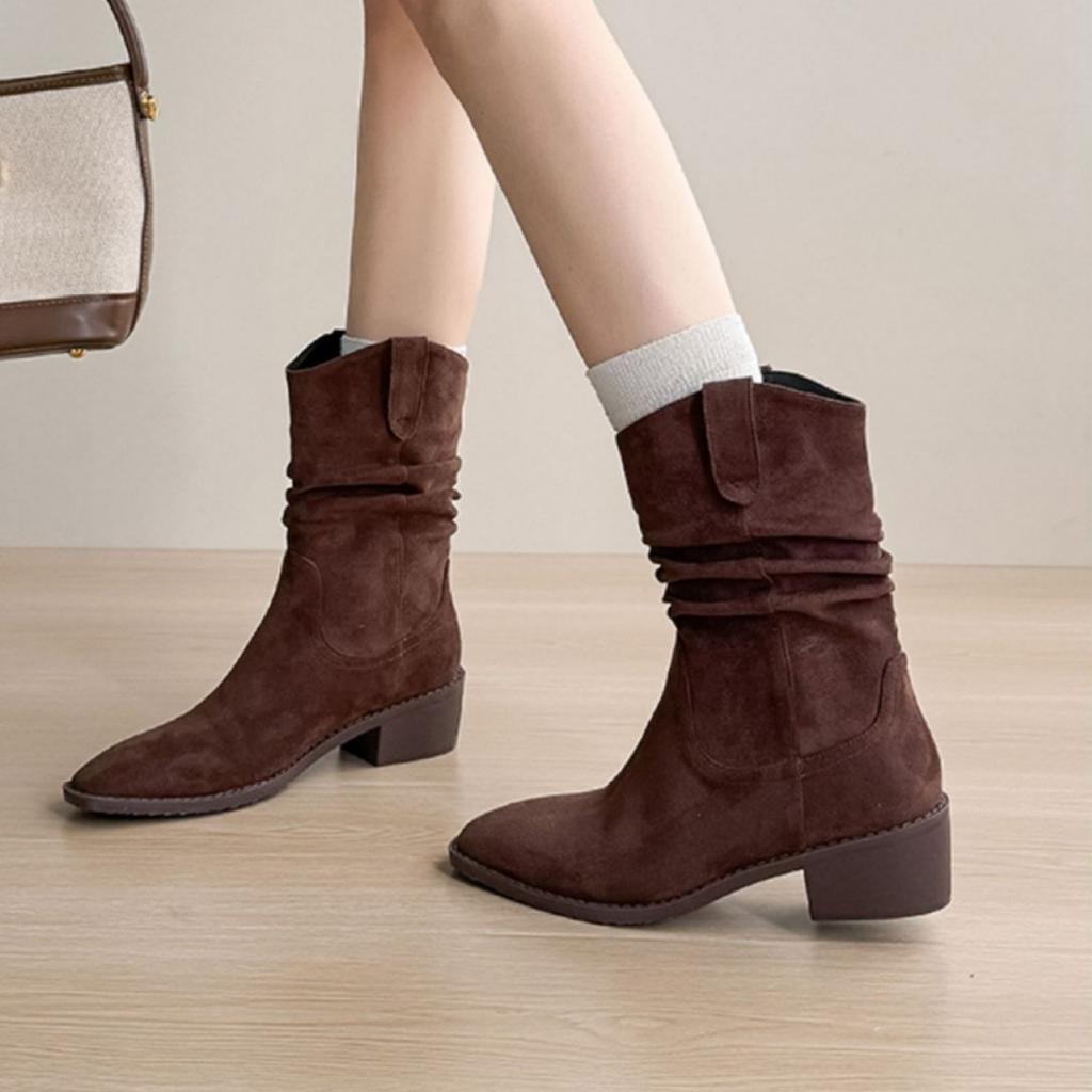 Wersja ze skóry owczej! Wewnętrzne podwyższenie krótkie botki damskie głowa zachodnie plisowane nakładane botki retro małe średnie cholewka jeździeckie botki moda