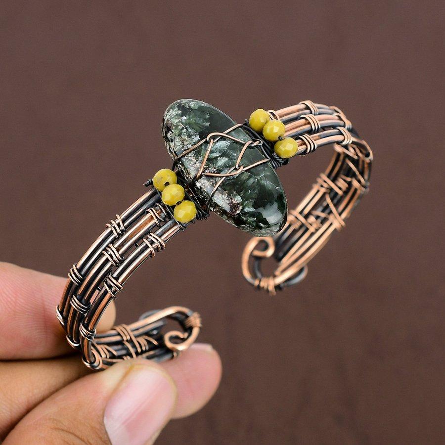 Natural Seraphinite Gemstone Handmade Copper Wire Wrap Cuff Bangle Adj. e0f14
