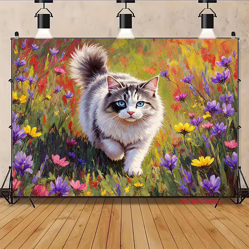 Cute Kitten in Colorful Flowers Backdrop Oil Painting Garden Background for Photoshoot