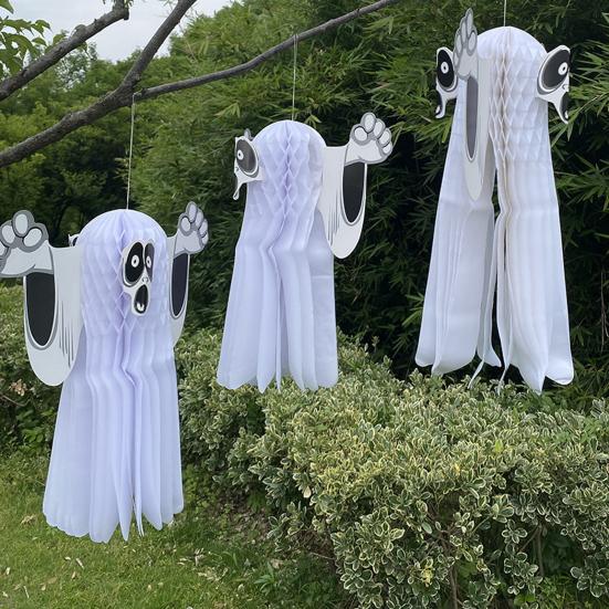Halloween Ghost Decoration Hanging Honeycomb Tissue Paper Ghost Creepy Flying Ghost Ornament for Yard Patio Porch Tree Halloween Party Favors