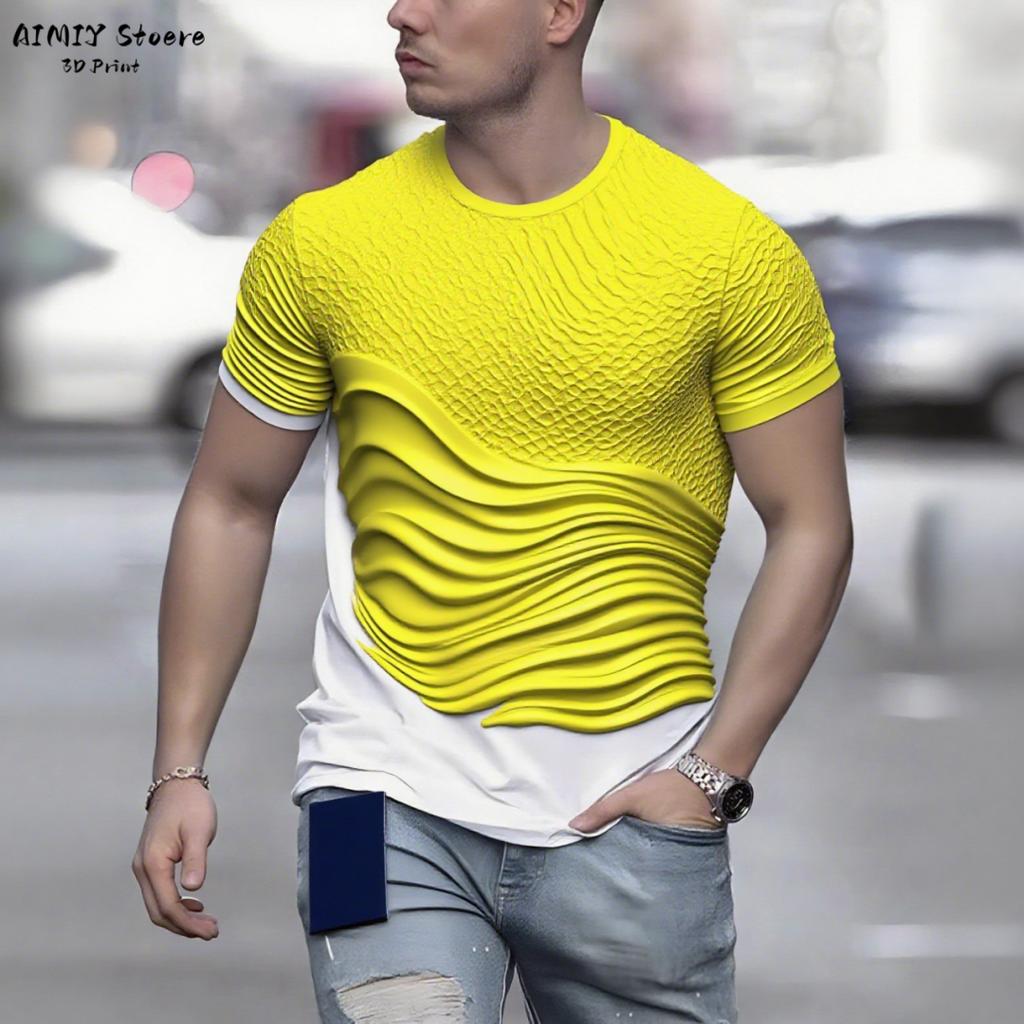 Summer Round Neck 3D Gradient Wave Print Top Fashionable Casual Short Sleeved Men's T-shirts