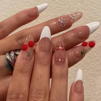 24 Piezas Uñas Almendradas Simples y Dulces con Borde Blanco Francés y Lazo de Cereza Arte de Uñas Nueva Pieza de Arte de Uñas para el Día de San Valentín