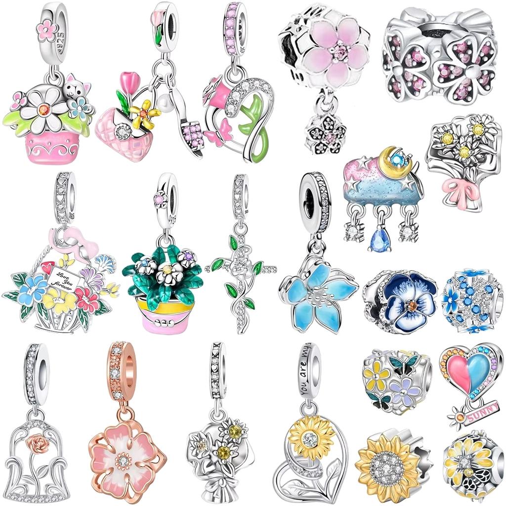 Copper Colorful Flower Charm Roses Tulip Daisies Bead Pendant Fit Original Necklace Bracelet Women Jewelry Diy Gift