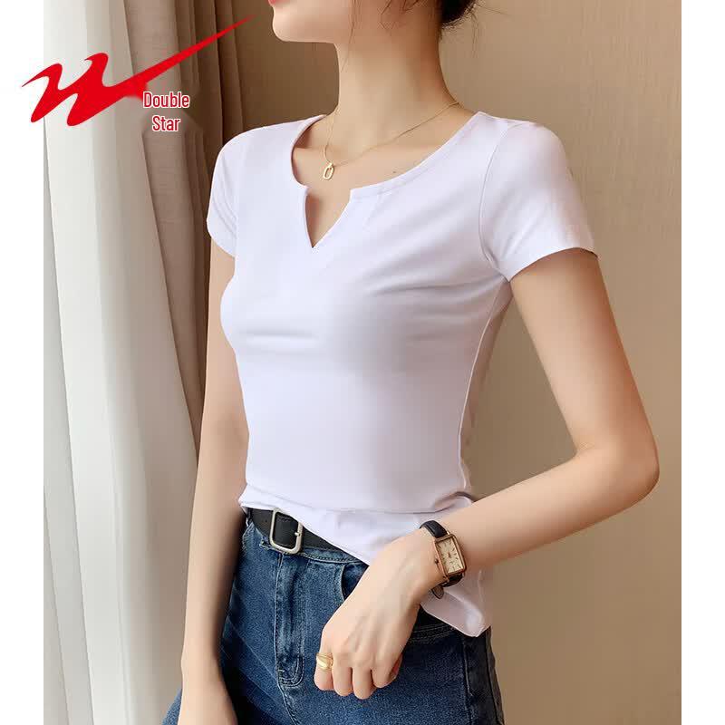 Shuangxing Women's V-Neck Slim Fit Short Sleeve T-Shirt