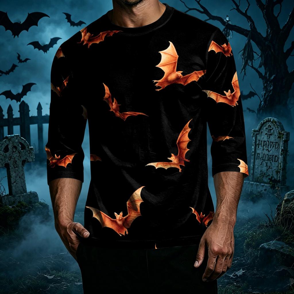Men's Casual Halloween Print Crew Neck T Shirt Three Quarter Sleeve Top Lightweight Comfortable Fit Stylish Design