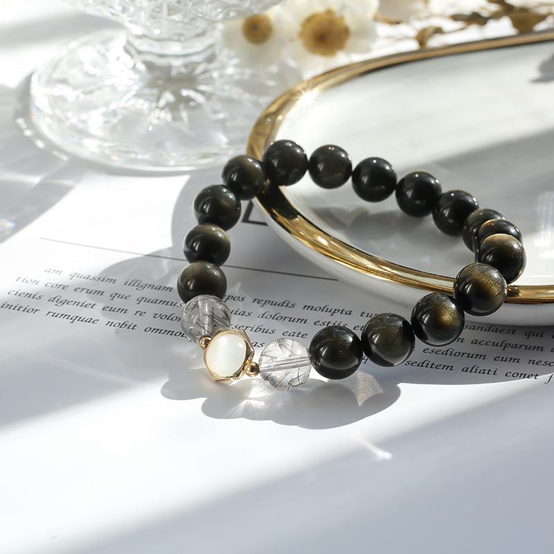 Brățări de cuplu din obsidian cristal natural: Pereche Lucrată Manual de Cuarț Rutilat Negru și Piatră Lunii