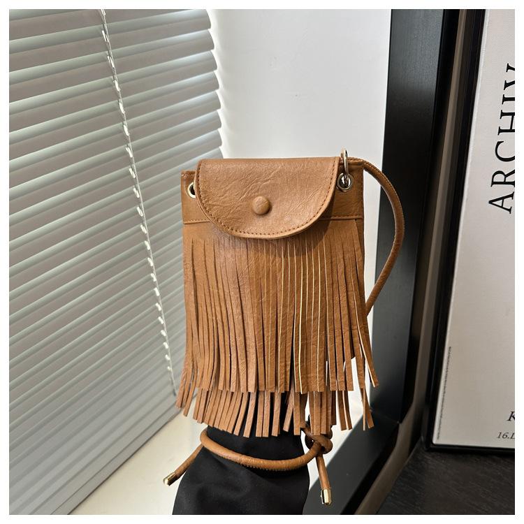 New Niche American Retro Imitation Suede Fringed Mobile Phone Bag Women's Shoulder Crossbody Small Square Bag Hong Kong Style Bag