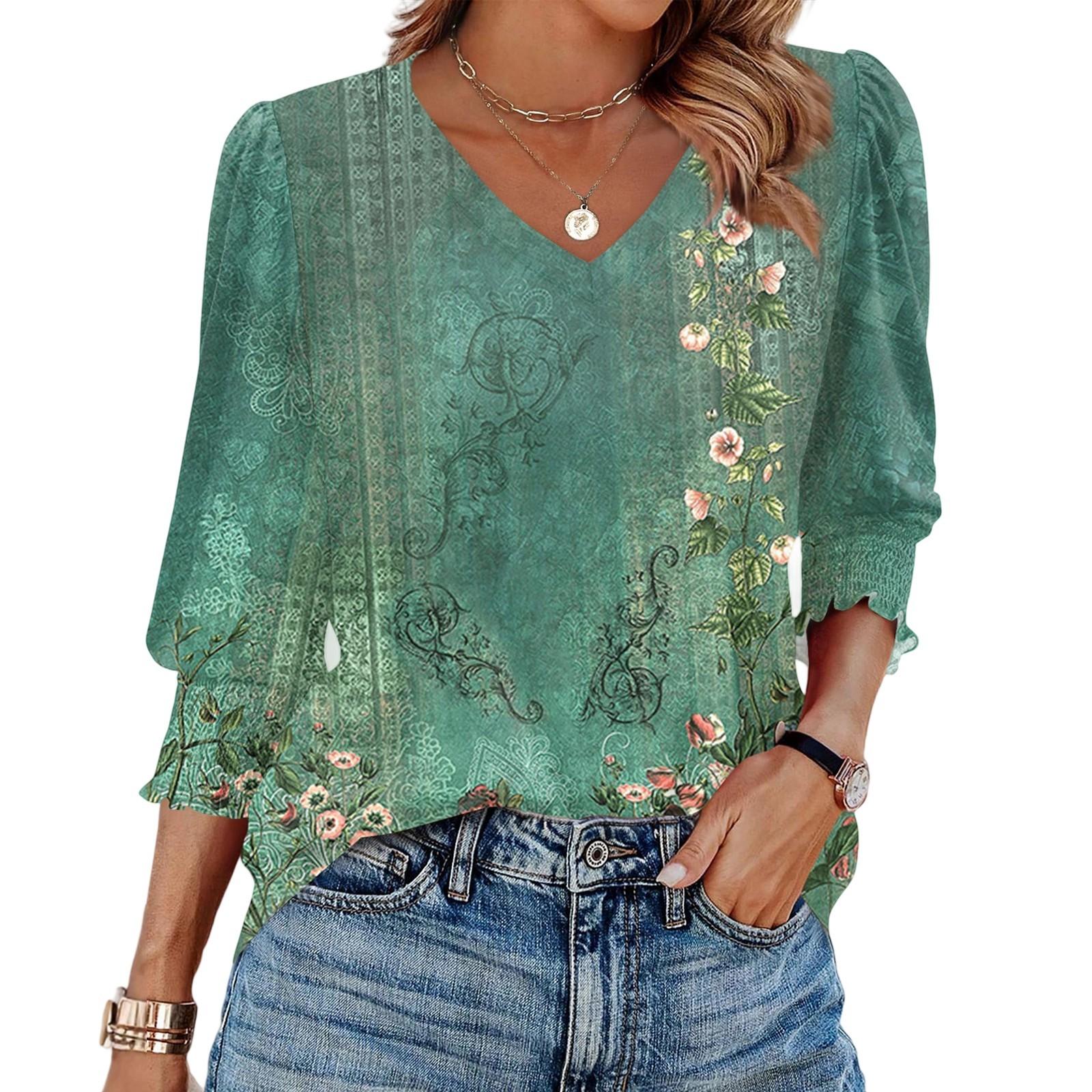 

Топы с рукавами 3/4 для женщин, футболка, повседневные топы с принтом, футболка, пуловер с круглым вырезом, блузка L