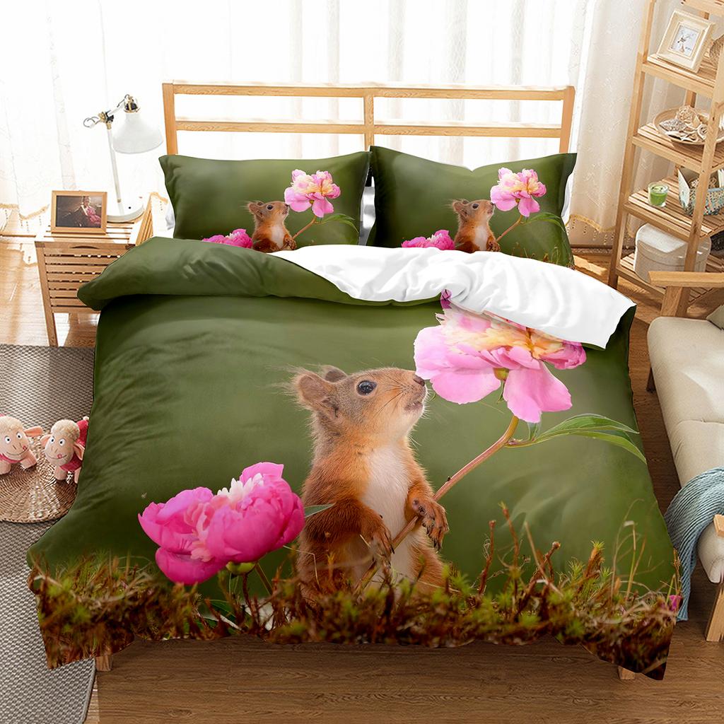 Squirrel Duvet Cover Set Cute Wild Animals Polyester Comforter Cover With Pillowcase For Kids Teen Bedroom Decor King Queen Size