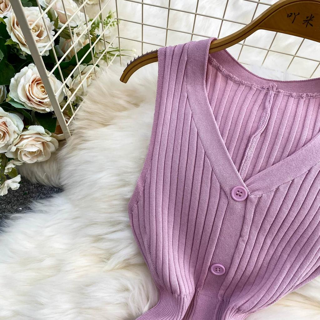 New Summer Solid Round Neck Sleeveless Sweater Knitted Dress for Women Casual Simple Single-breasted Elastic Bottoming Knitwear Dresses