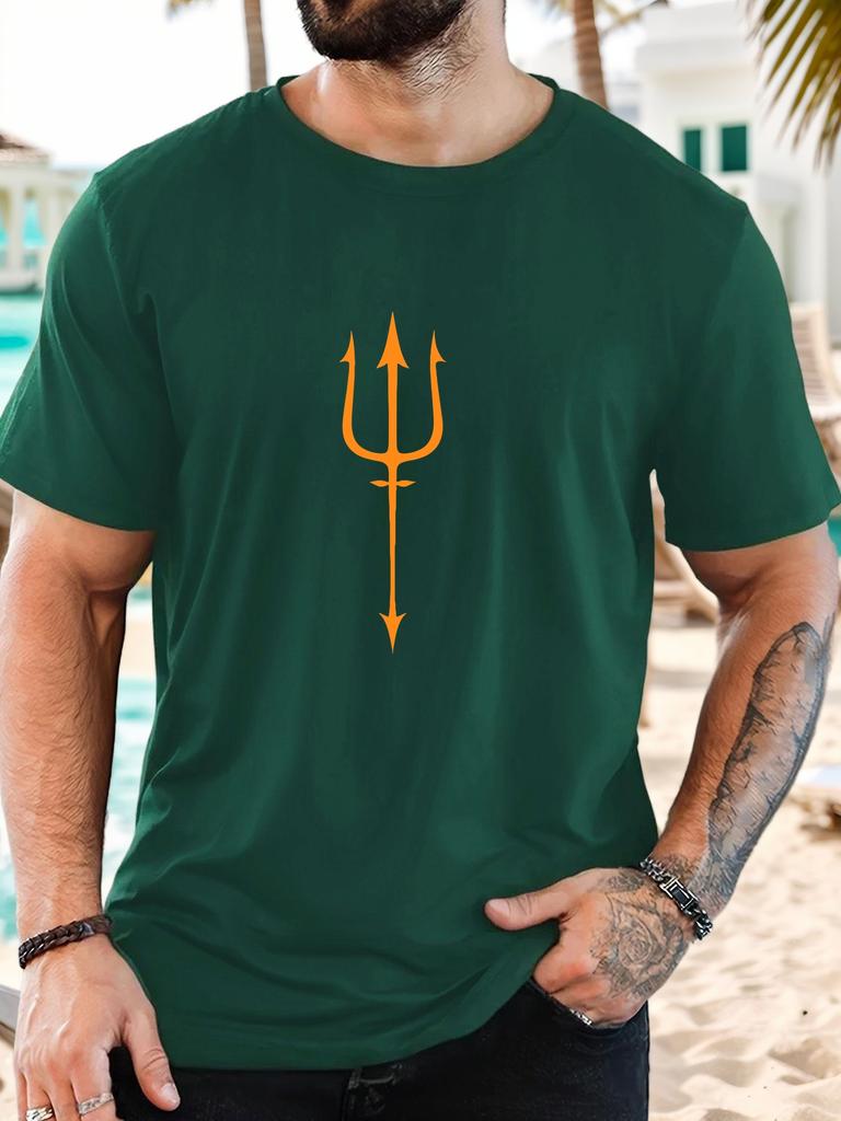 Unisex Black Crew Neck Tee Minimal Orange Poseidon Trident Simple Greek Sea God Symbol Mythology Art Soft Cotton Male Casual Tops