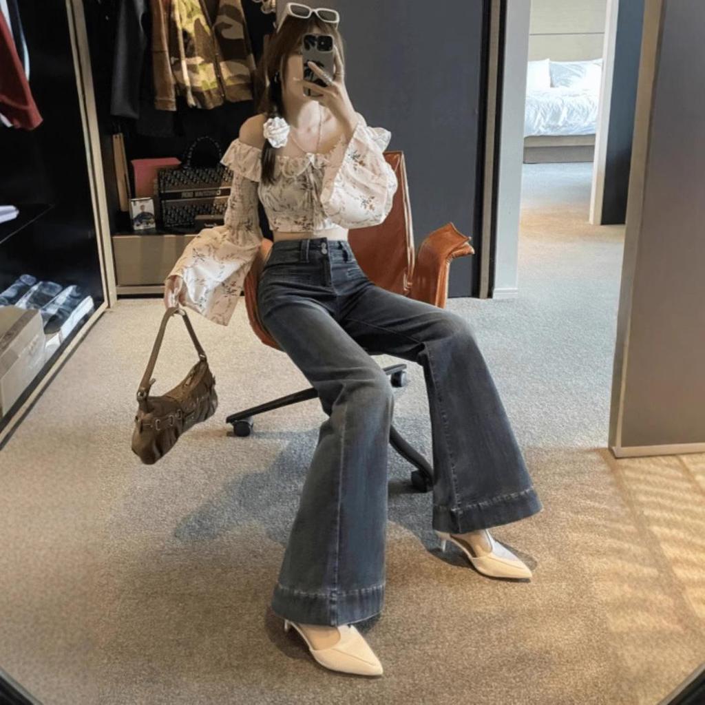 Damen Zementgraue Weitbeinige Micro-Flare Jeans - 2025 Sommer Schlankmachende Elastische Schlaghosen