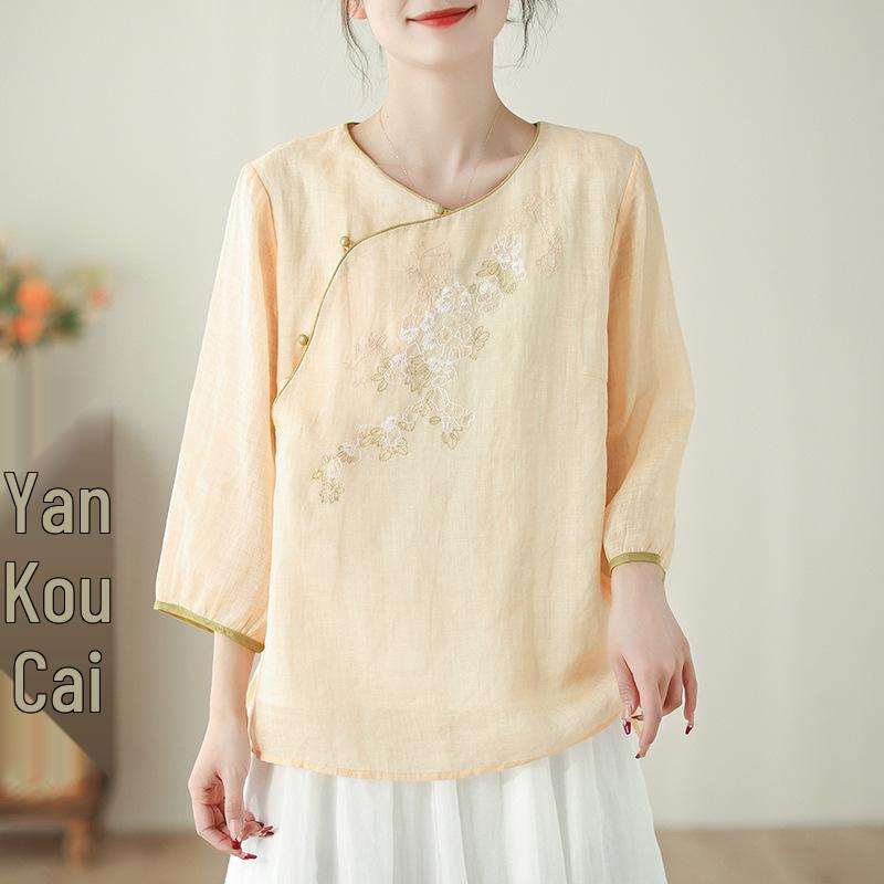 Spring Women s Retro Embroidered Linen Seven-Sleeve Pullover Shirt Extra Extra Large абрикосовый