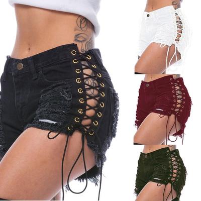Spring/Summer Elastic Ripped Eyelet Bandage Denim Hot Pants Shorts for Women