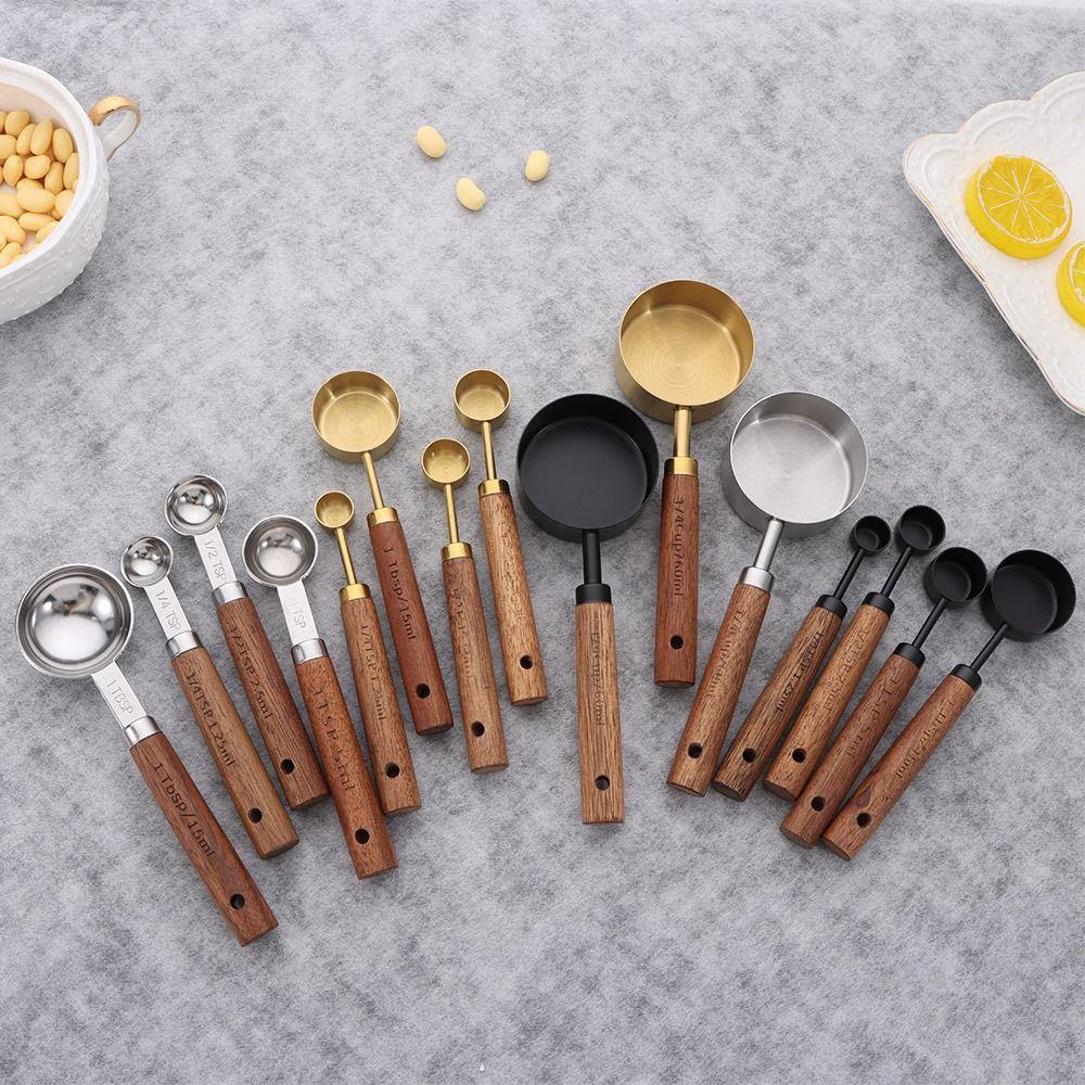 4Pcs Stainless Steel Measuring Cup Spoon Wooden Handle Gold Silver Coffee Measuring Spoon Black 1.25-250ml Baking Tool