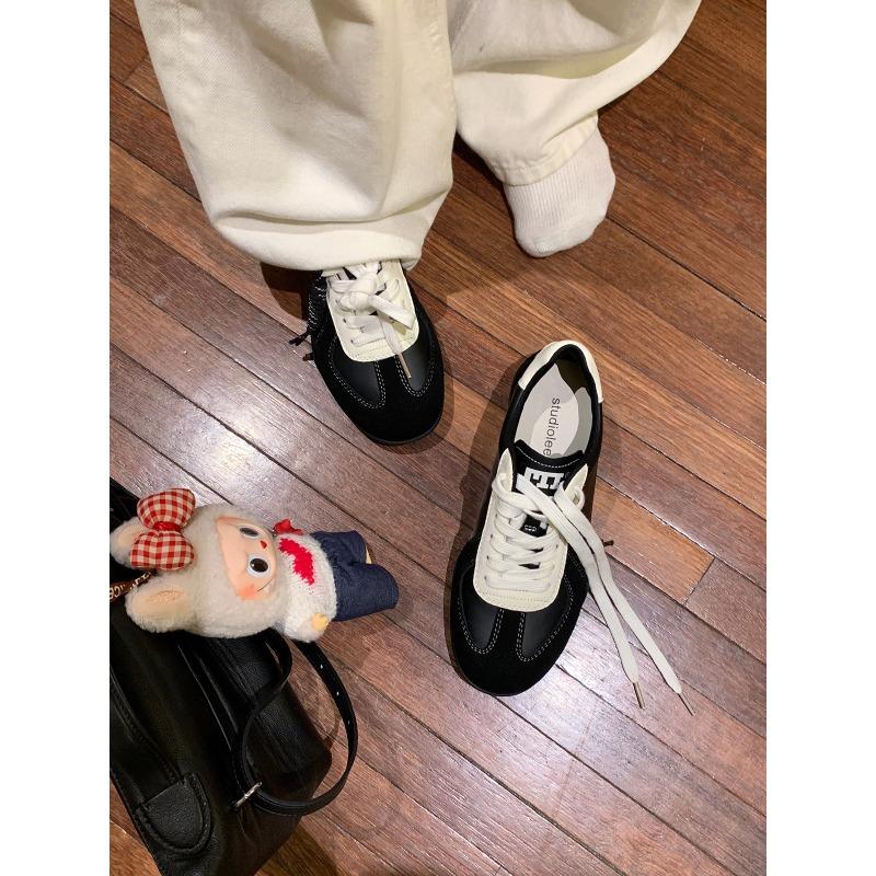 

Cowhide lace-up color matching round head versatile casual sports shoes women s leather board shoes increase height 34