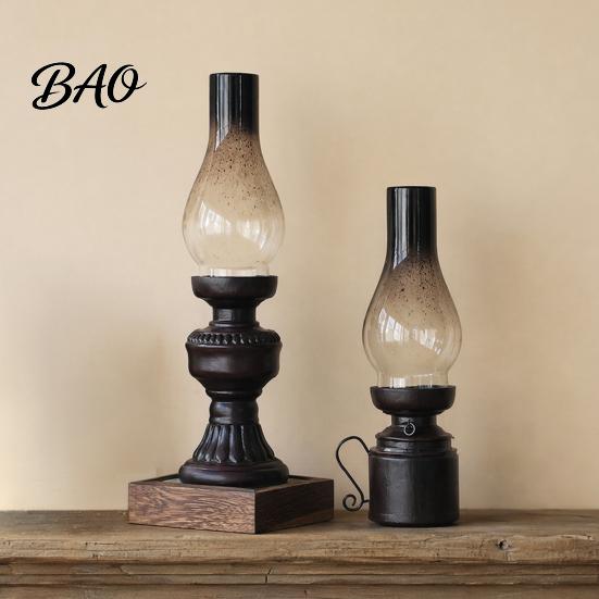 Stable Heavy Candle Holder Miniature Kerosene Lamp Resin Holder, Retro Oil Figurine with Smoked Nostalgic Replica Glass Shade & Carved Base, Tabletop