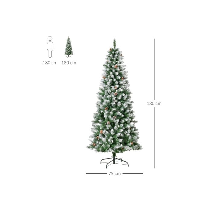 HOMCOM Sapin de Noël artificiel, 630 branches, 37 pommes de pin, sommets enneigés, ignifuge, 180 cm
