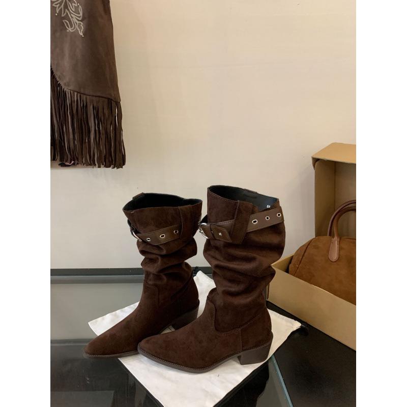 

Ретро плиссированные ботинки на толстом каблуке средней высоты женские 2025 осень и зима новые остроносые ковбойские сапоги в западном стиле ботинки-рыцари 39