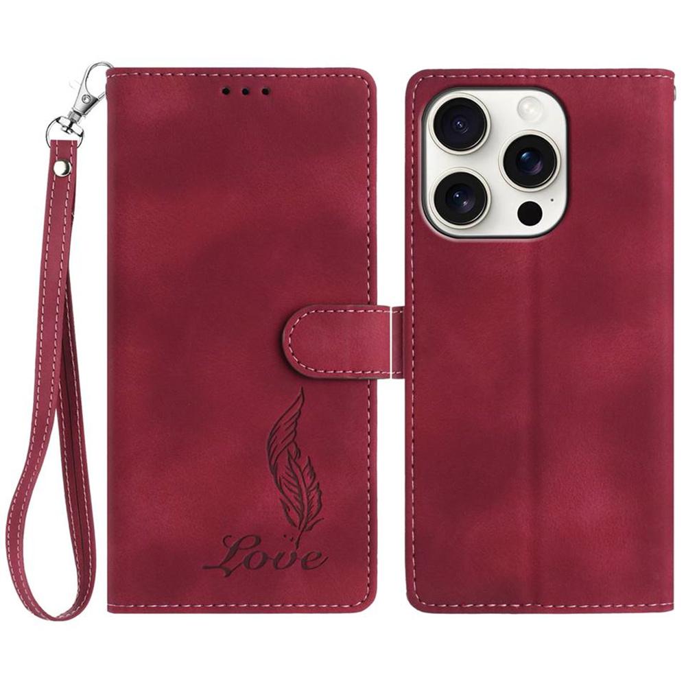 For iPhone 16 Pro Max Case Imprinted Feather PU Leather Wallet Phone Cover with Wrist Strap