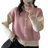 Korean Gentle Wind Crew Neck Sweater Cardigan Women's Autumn Small Sweet Pink Baseball Jersey Contrasting Knitted Jacket