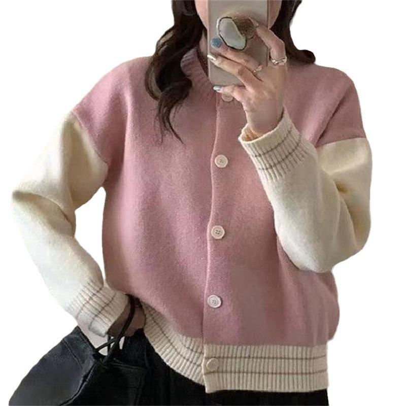 Korean Gentle Wind Crew Neck Sweater Cardigan Women's Autumn Small Sweet Pink Baseball Jersey Contrasting Knitted Jacket