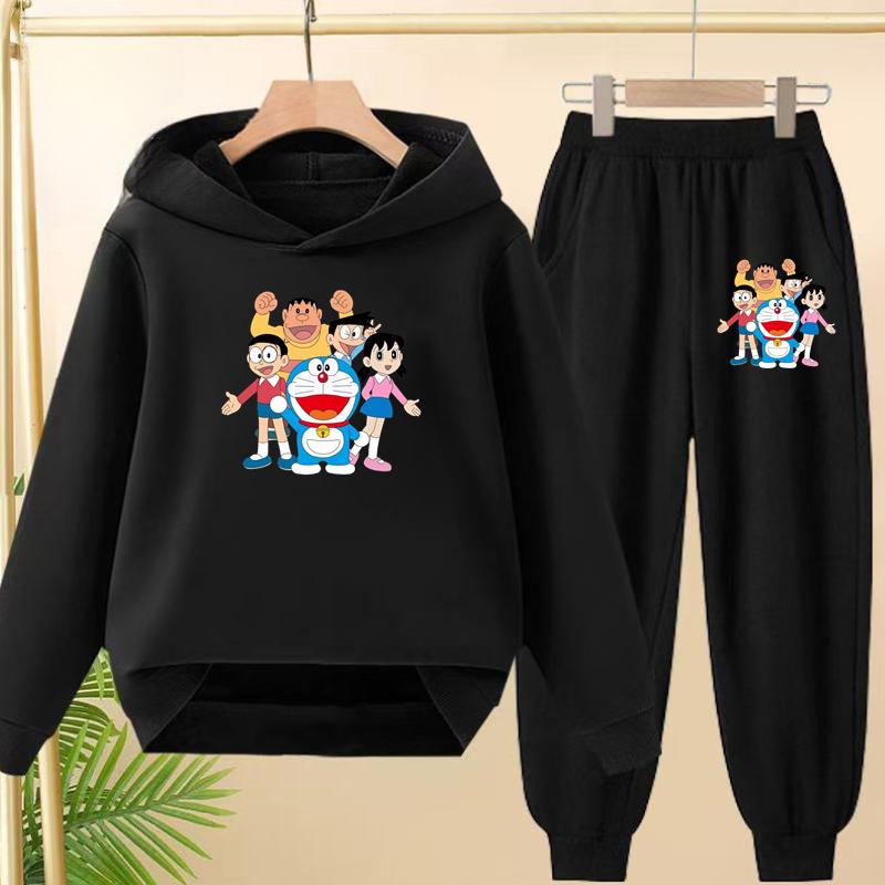 Doraemon Winter Warm Children's Hoodie Set, Casual Sporty Hooded Long Shirt and Long Pants Suitable for Boys Girls Aged 3 To 12