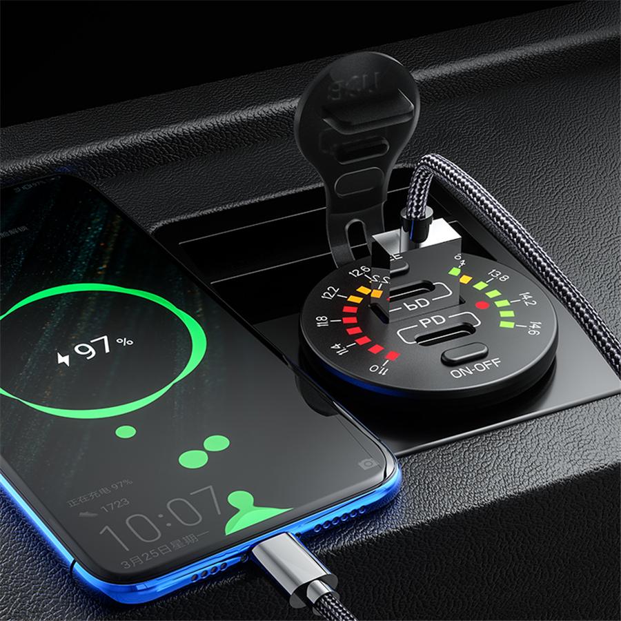 Car QC 3.0 + PD TYPE-C USB Charger Socket with LED Voltage Meter On Off Switch
