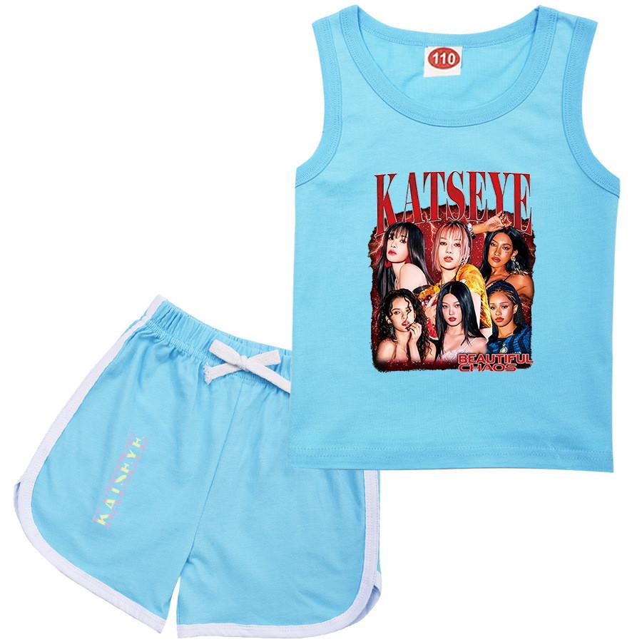 9198 Children Fashion Girls Singer Katseye Printed Sleeveless T-Shirt Tank Top Shorts Clothes Set
