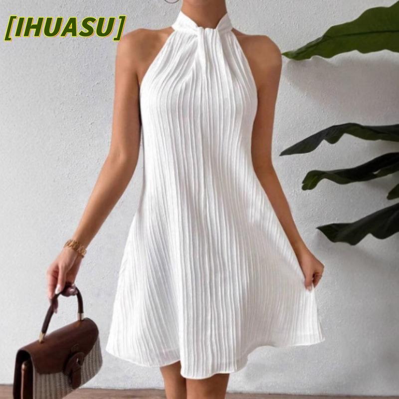 IHUASU Abiti Casual Senza Maniche Stampa Colore Unico Estate Primavera Moda