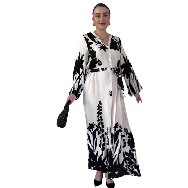 2024 Autumn Women's Color Block Lace-Up Waist Casual Long Sleeve Dress