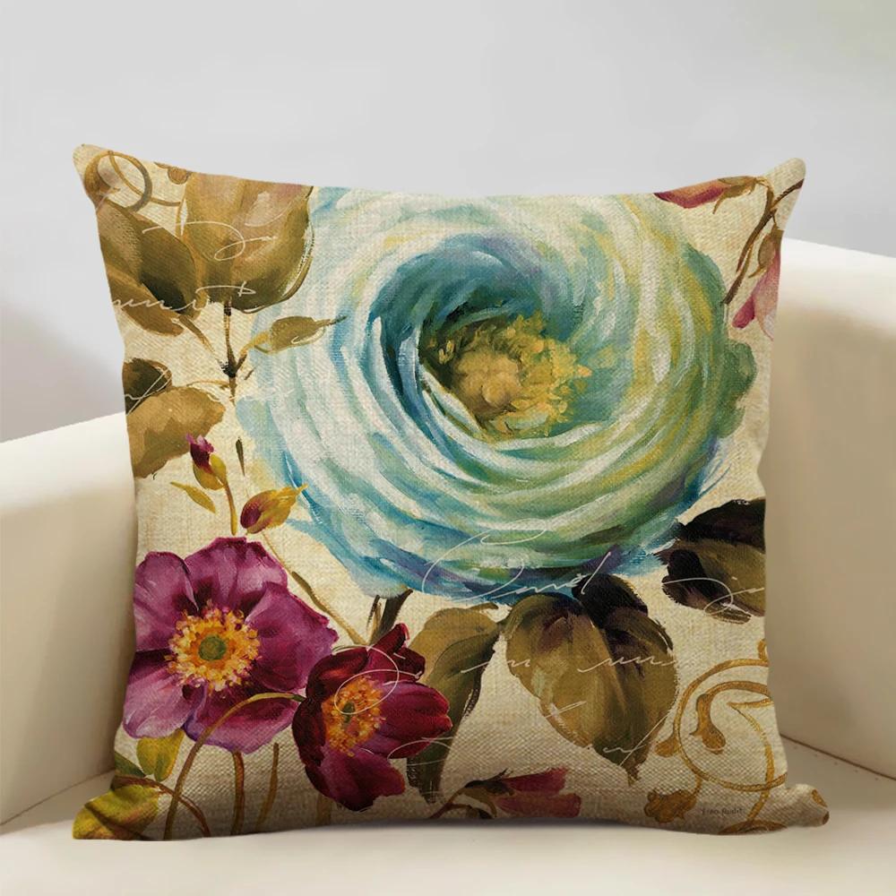 Retro Style Cushion Cover 45x45cm Linen Pillow Case Living Room Sofa Decor Pillowcase Colorful Exquisite Flower Pattern Car Seat