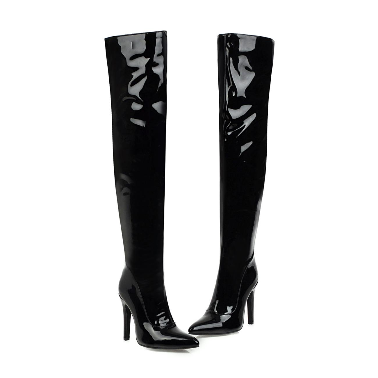 

Stretch Thigh High Boots for Women Over the Knee Long Booties Sexy Stilettos High Heels Pointed Toe Patent Leather Shoes 48 чёрный