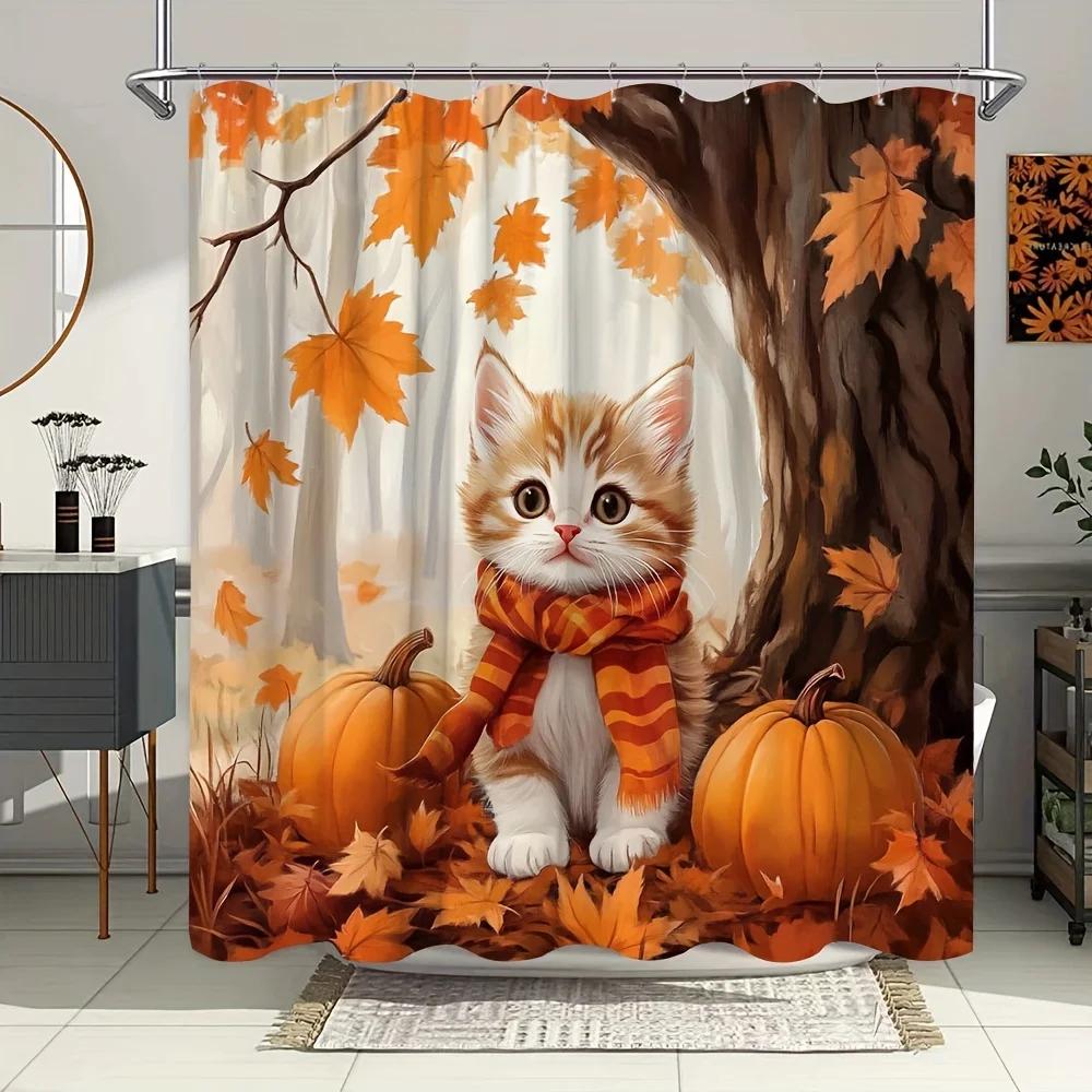 

Autumn Cat Shower Curtain - Maple Tree & Pumpkin, Forest Landscape, Polyester, 12 Hooks, Bathroom Decor W90xH180cm