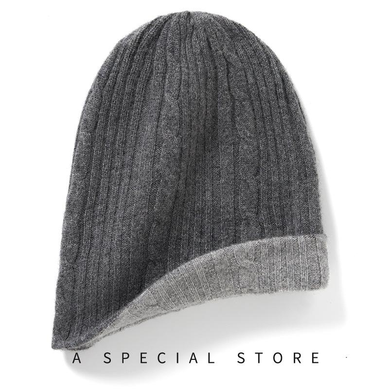 Cashmere Women's Autumn and Winter New Style Color Blocked Knitted Warm Fashionable Thickened Casual Flared Casual Two Sided Hat