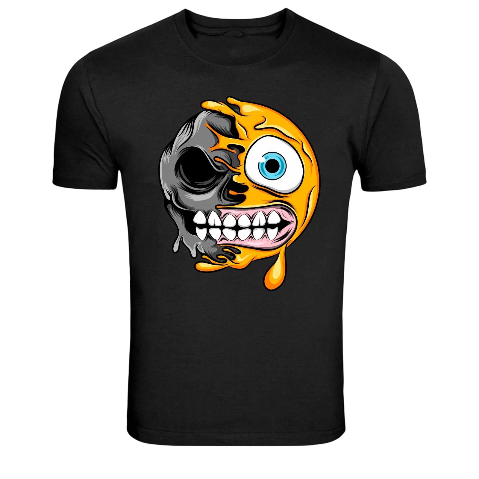Half Skull Melting Emoji Grinning Teeth Funny Graphic T-Shirt 2XL