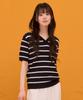 CHASECULT Women'S Striped Open Collar Short Sleeve Sweater - Navy