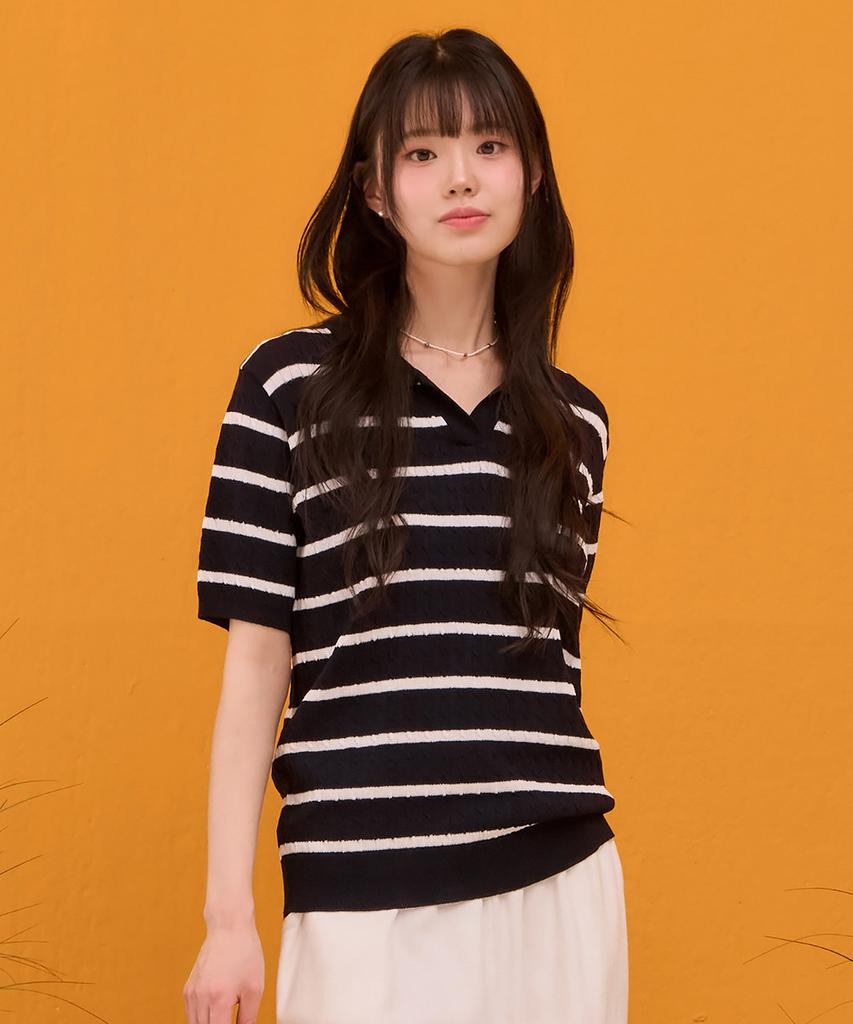 CHASECULT Women'S Striped Open Collar Short Sleeve Sweater - Navy
