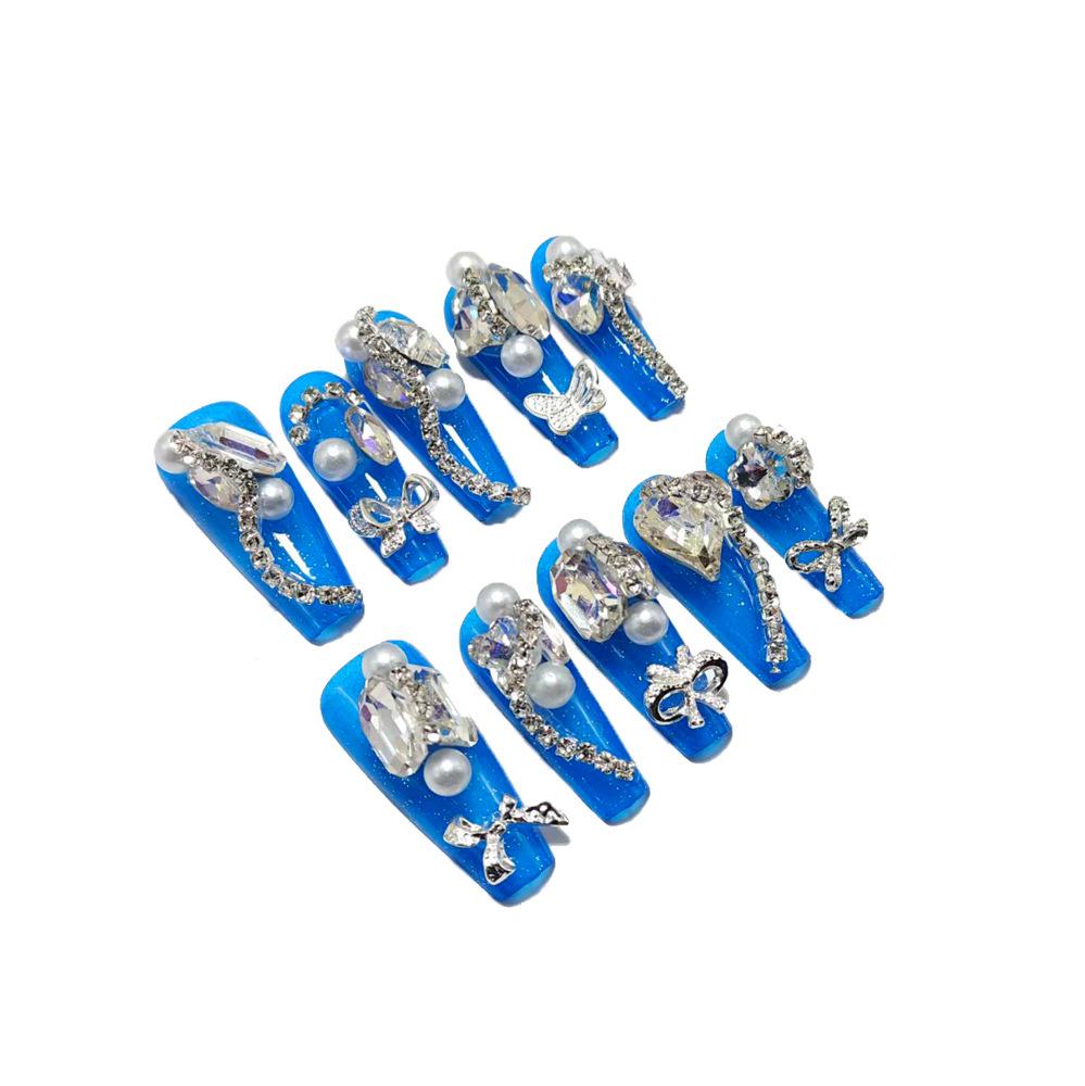 

Deep Sea Blue Full Diamond Heavy Industry Nail Tips - Removable, Wearable, and Handmade for a Dazzling Manicure Medium